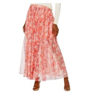 BCBGMAXAZRIA Red and Pink Floral Tulle A-Line Maxi Skirt in Blush Multi